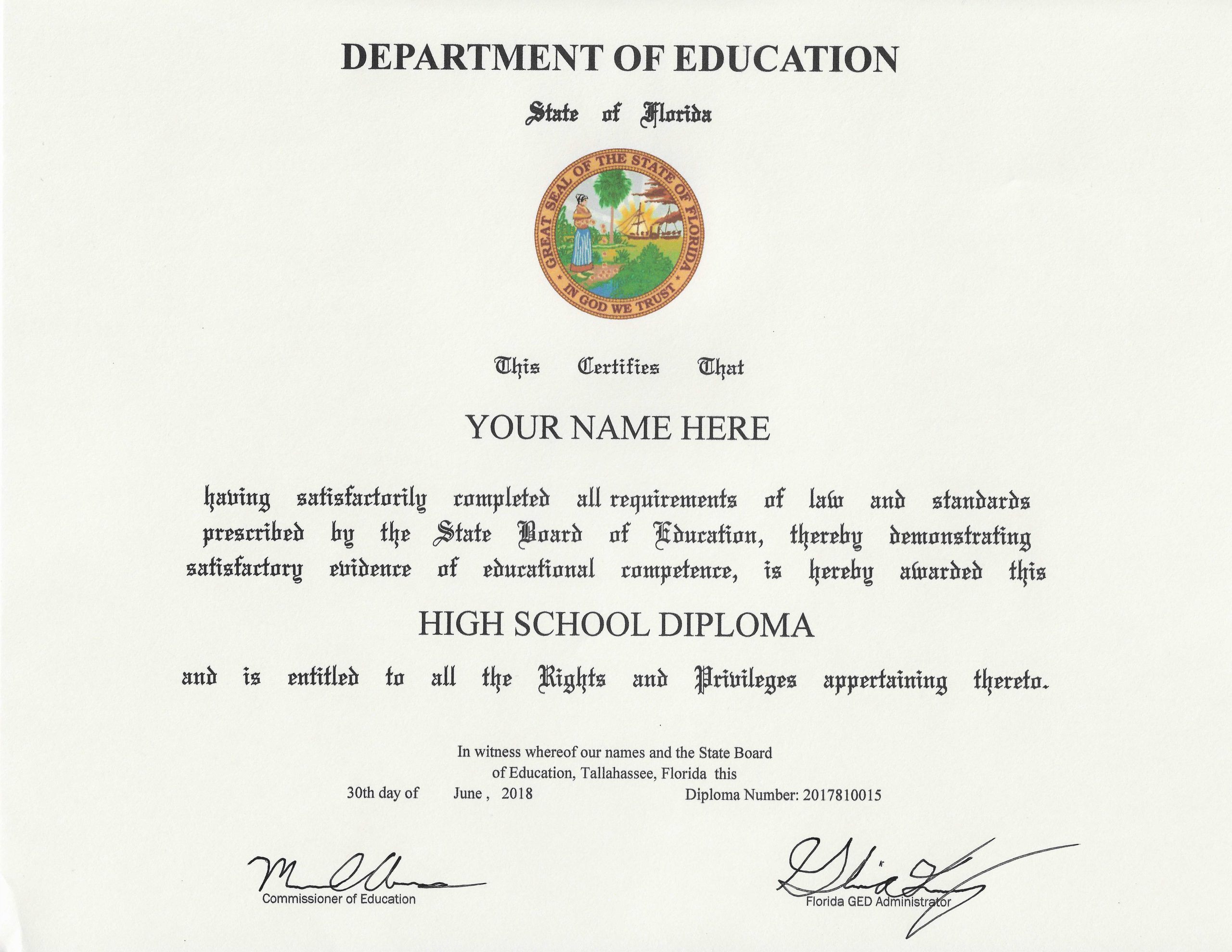 Sample Fake GED Florida GED Image